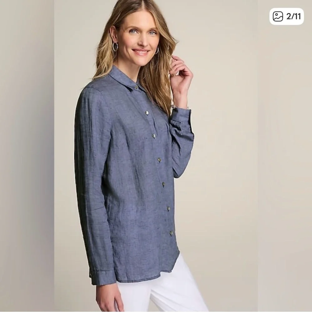 J. Jill Everyday Linen Button Down Light Marine - Medium - Picture 2 of 9
